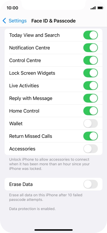 Press the indicator next to 'Erase Data' to turn the function on or off.