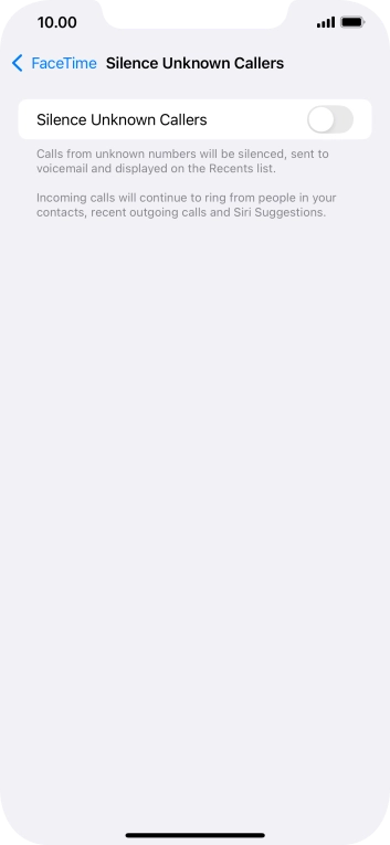 Press the indicator next to 'Silence Unknown Callers' to turn the function on or off.
