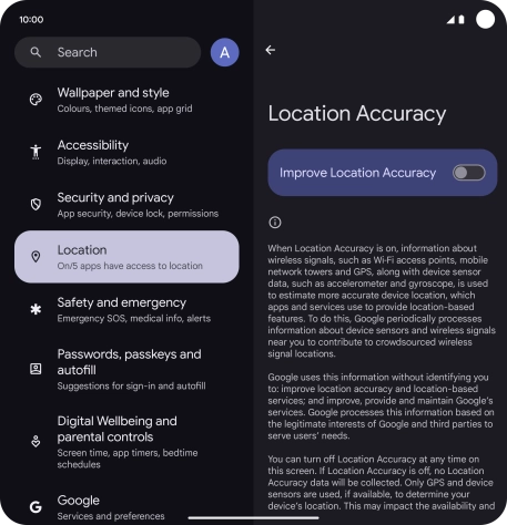 If you press the indicator next to 'Improve Location Accuracy' to turn on the function, your phone can find your exact position using the GPS satellites, the mobile network and nearby WiFi networks. Satellite-based GPS requires a clear view of the sky.