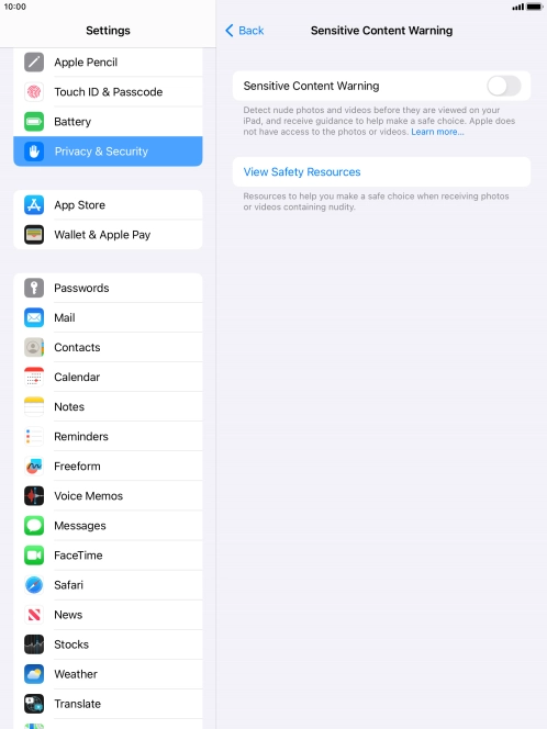 Press the indicator next to 'Sensitive Content Warning' to turn the function on or off.