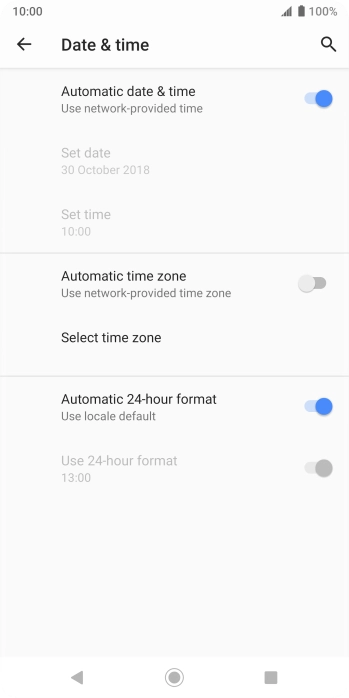 Press the indicator next to 'Automatic time zone' to turn on the function.