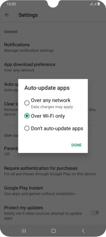 To turn on automatic update of apps using mobile network, press Over any network.