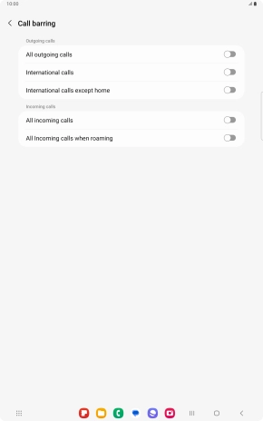 Press the indicator next to the required barring type to turn the function on or off.
