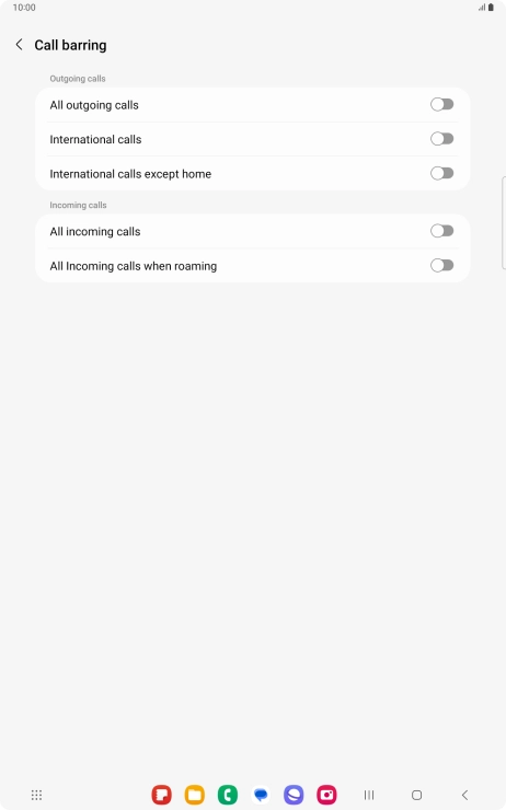Press the indicator next to the required barring type to turn the function on or off.