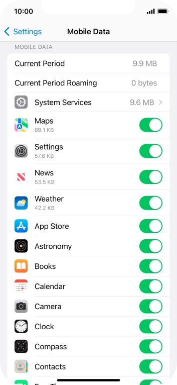 Press the indicators next to the required applications to turn the function on or off.