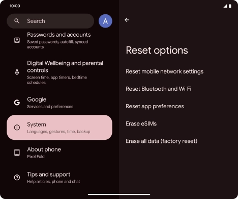 Press Erase all data (factory reset).