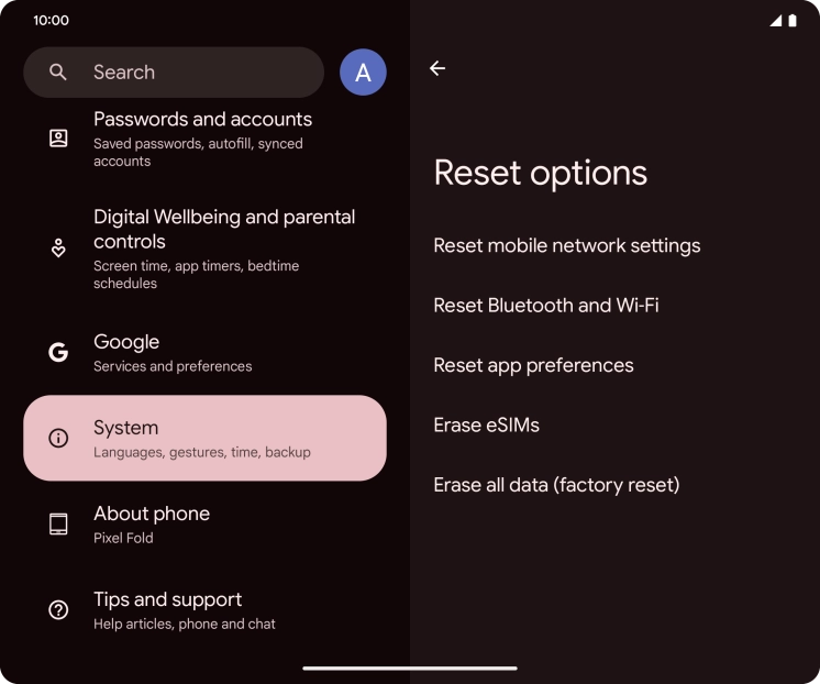 Press Erase all data (factory reset).