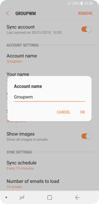 Key in the required name for the email account and press OK.