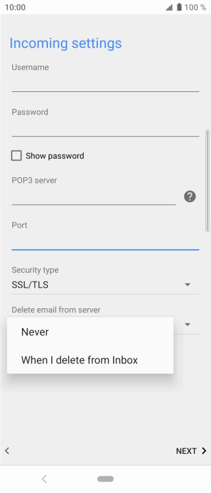 Press Never to keep emails on the server when you delete them on your phone.