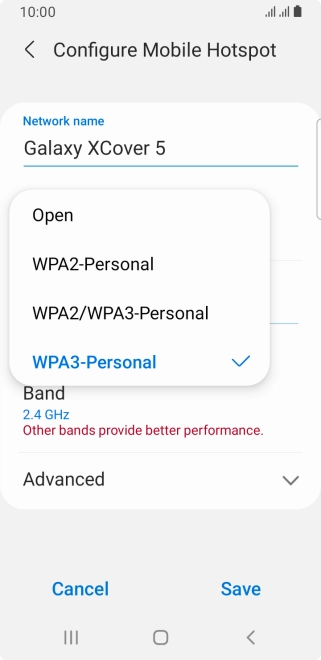 Press WPA3-Personal to password protect your WiFi hotspot.