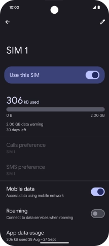 Press the indicator next to 'Roaming' to turn the function on or off.