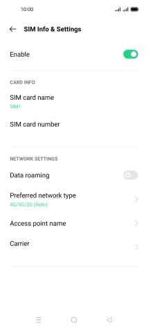 Press the indicator below 'SIM Info & Settings' to turn use of the SIM on or off.