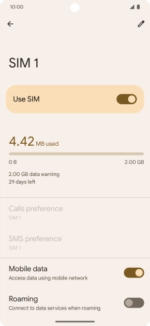 Press the indicator next to 'Mobile data' to turn the function on or off.