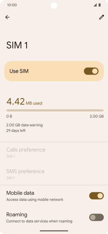 Press the indicator next to 'Mobile data' to turn the function on or off. Press the indicator next to 'Mobile data' to turn the function on or off.