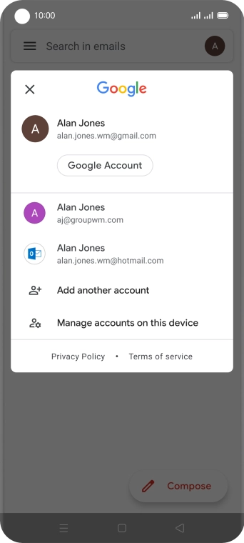 Press the required email account. Press the required email account.