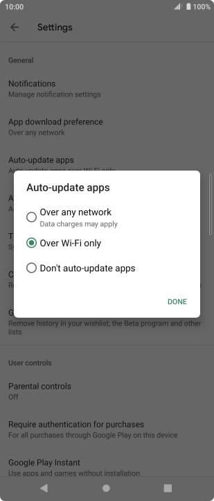 To turn on automatic update of apps using mobile network, press Over any network. To turn on automatic update of apps using mobile network, press Over any network.
