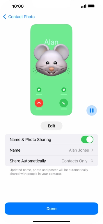 Press the indicator next to 'Name & Photo Sharing' to turn the function on or off.