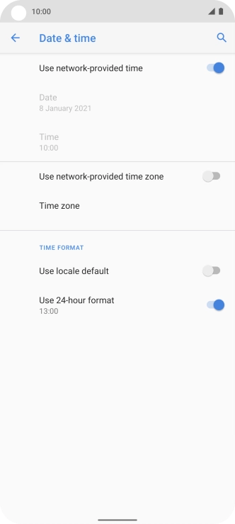 Press the indicator next to 'Use network-provided time zone' to turn on the function.
