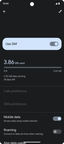 Press the indicator next to 'Mobile data' to turn the function on or off.