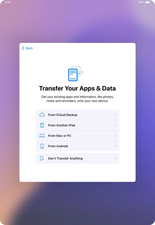 You can transfer the contents of an Android device to your tablet when it's activated for the first time and after a factory reset. When this screen is displayed, your tablet is ready to transfer contents from an Android device.