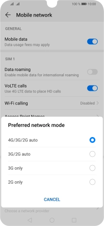 Press the required network mode.