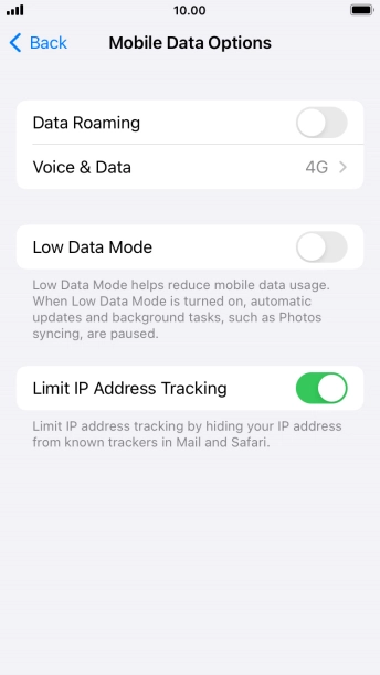 Press the indicator next to 'Low Data Mode' to turn the function on or off. Press the indicator next to 'Low Data Mode' to turn the function on or off.