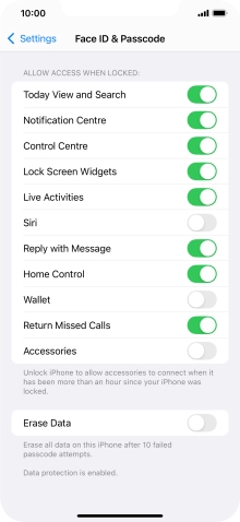 Press the indicator next to 'Erase Data' to turn the function on or off.