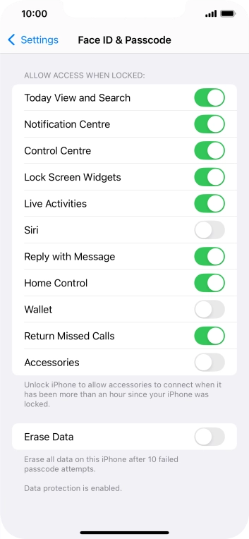Press the indicator next to 'Erase Data' to turn the function on or off.