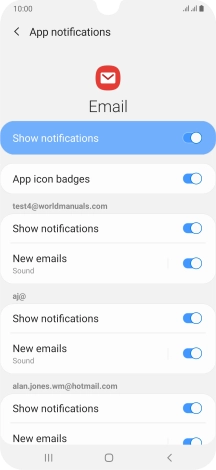 Press the indicator next to 'Show notifications' below the required email account to turn the function on or off.
