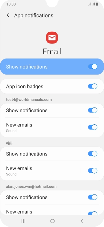 Press the indicator next to 'Show notifications' below the required email account to turn the function on or off.