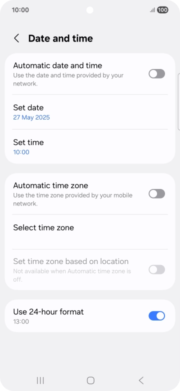 Press the indicator next to 'Automatic date and time' to turn on the function.