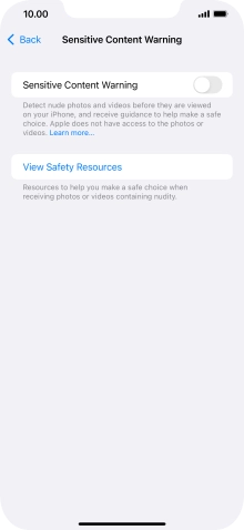 Press the indicator next to 'Sensitive Content Warning' to turn the function on or off.