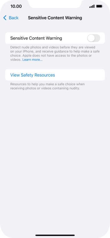 Press the indicator next to 'Sensitive Content Warning' to turn the function on or off.