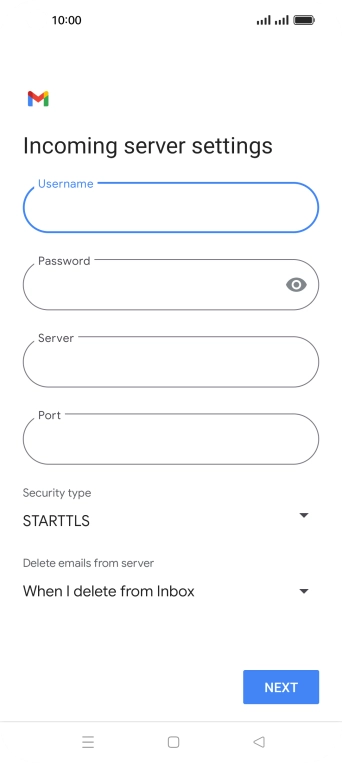 Press the field below 'Server' and key in the name of your email provider's incoming server. Press the field below 'Server' and key in the name of your email provider's incoming server.