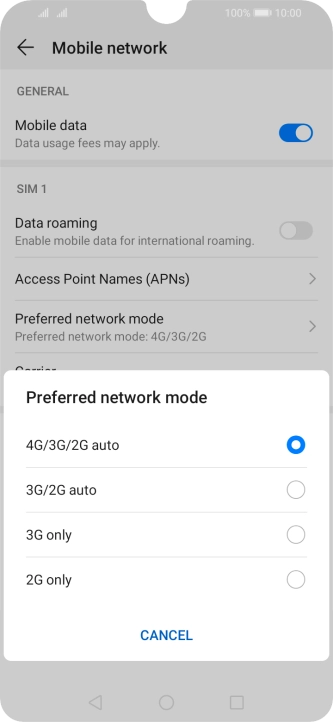 Press the required network mode.