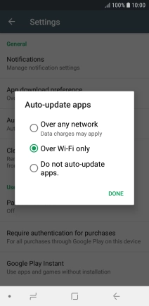 To turn on automatic update of apps using mobile network, press Over any network Data charges may apply.