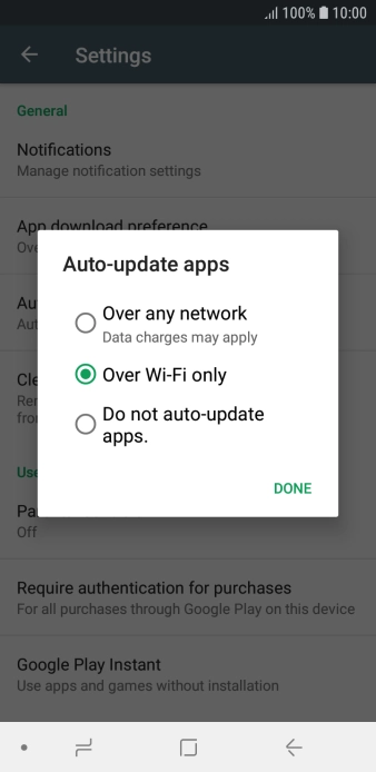 To turn on automatic update of apps using mobile network, press Over any network Data charges may apply.