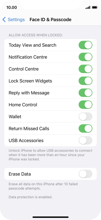 Press the indicator next to 'Erase Data' to turn the function on or off.