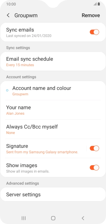 Press the indicator next to 'Sync emails' to turn on the function. Press the indicator next to 'Sync emails' to turn on the function.