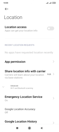 Press the indicator next to 'Location access' to turn the function on or off.