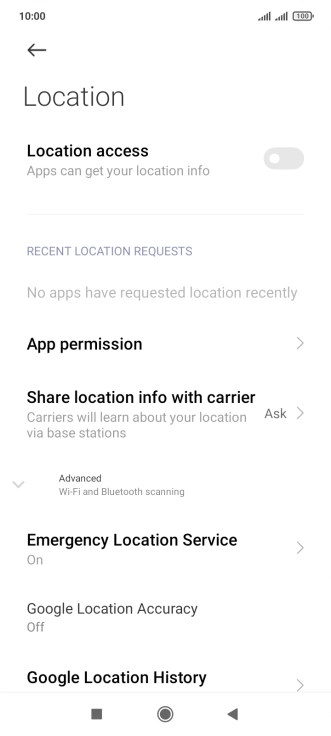 Press the indicator next to 'Location access' to turn the function on or off. Press the indicator next to 'Location access' to turn the function on or off.