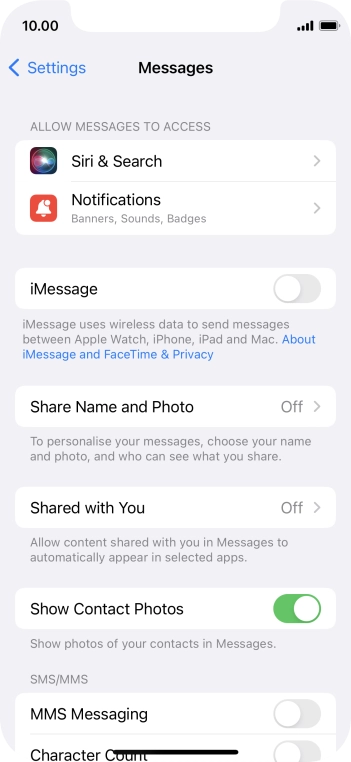 Press the indicator next to 'MMS Messaging' to turn on the function.