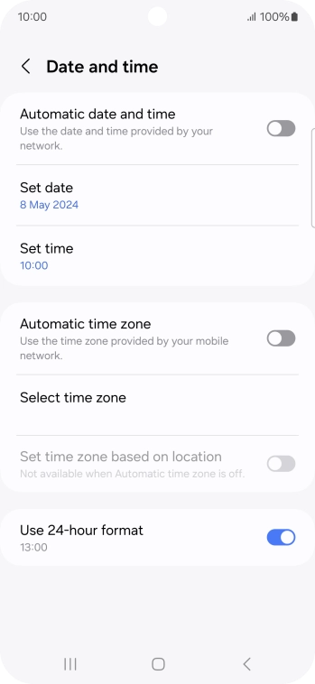 Press the indicator next to 'Automatic date and time' to turn on the function.