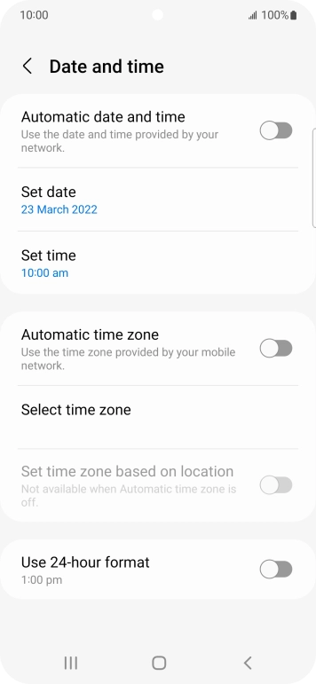 Press the indicator next to 'Automatic date and time' to turn on the function.