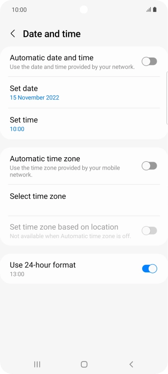Press the indicator next to 'Automatic date and time' to turn on the function.