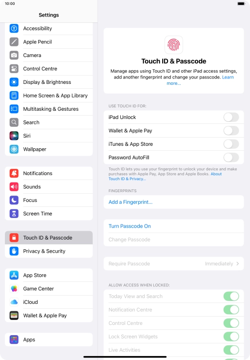 Press Turn Passcode On and key in a lock code of your own choice twice.