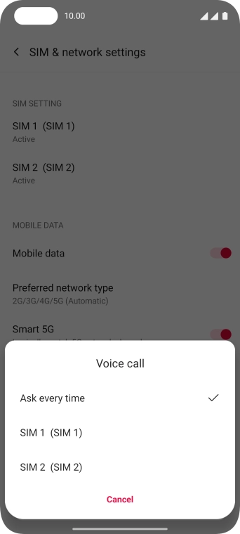 Press the required setting.