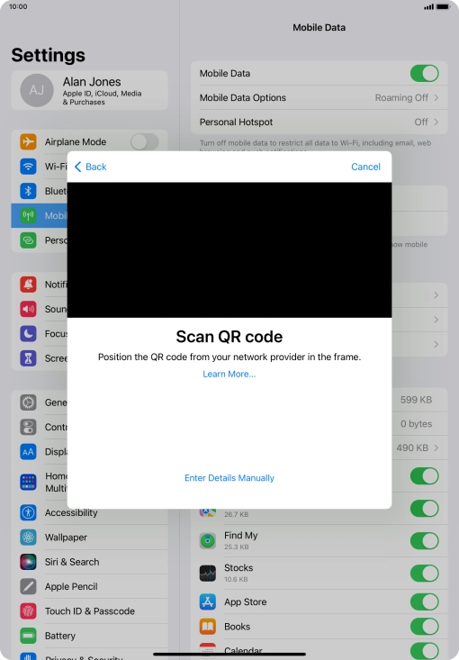 Place the QR code you've received inside the tablet camera frame to scan the code.