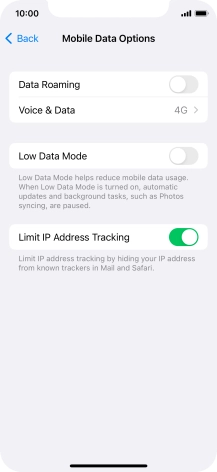 Press the indicator next to 'Data Roaming' to turn the function on or off.