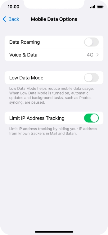 Press the indicator next to 'Data Roaming' to turn the function on or off.